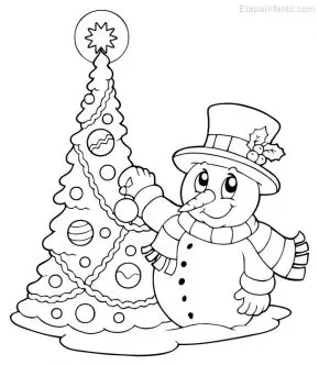 Dibujo de árbol de Navidad y muñeco de nieve colorear