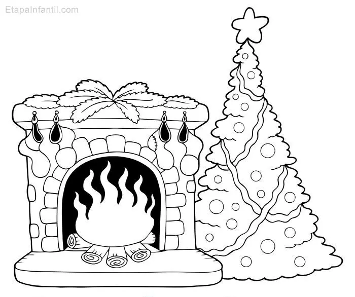 Dibujo de chimenea y árbol de Navidad para colorear