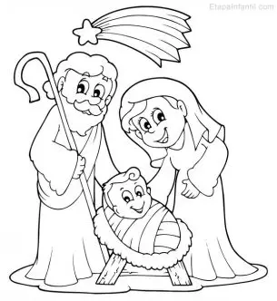 Dibujo de nacimiento en Belén. Niño Jesús, María y José colorear