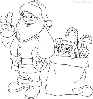 Dibujo de Papá Noel y saco de regalos de Navidad colorear
