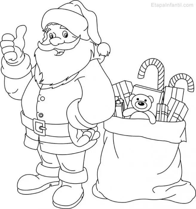 Dibujo de Papá Noel y saco de regalos de Navidad para colorear