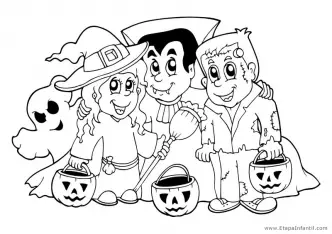 Dibujo de Bruja, Vampiro y Frankenstein para colorear en Halloween