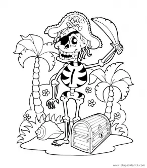 Dibujo de Esqueleto Pirata para imprimir y colorear en Halloween