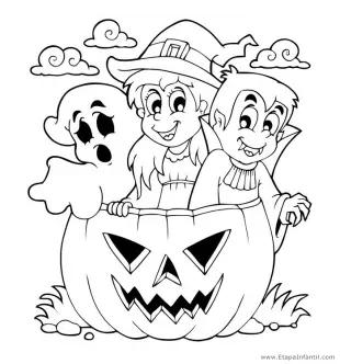 Dibujo de Fantasma, Bruja y Vampiro para colorear en Halloween