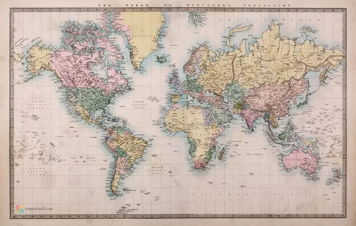 Mapamundi antiguo (año 1860 d.C.) para imprimir