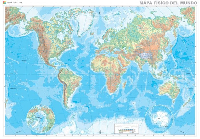 Mapa físico del mundo para descargar e imprimir