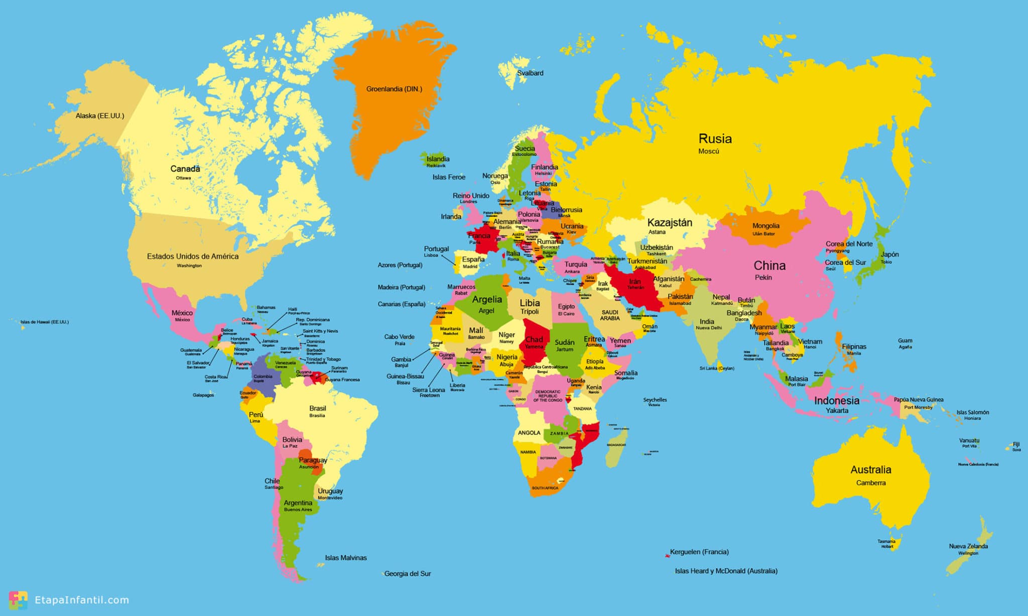 Mapamundi con nombres de paises para imprimir