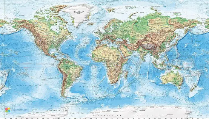 Mapamundi topográfico para descargar e imprimir