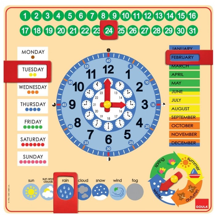 Juguete educativo para niños y bebés Reloj y calendario en inglés