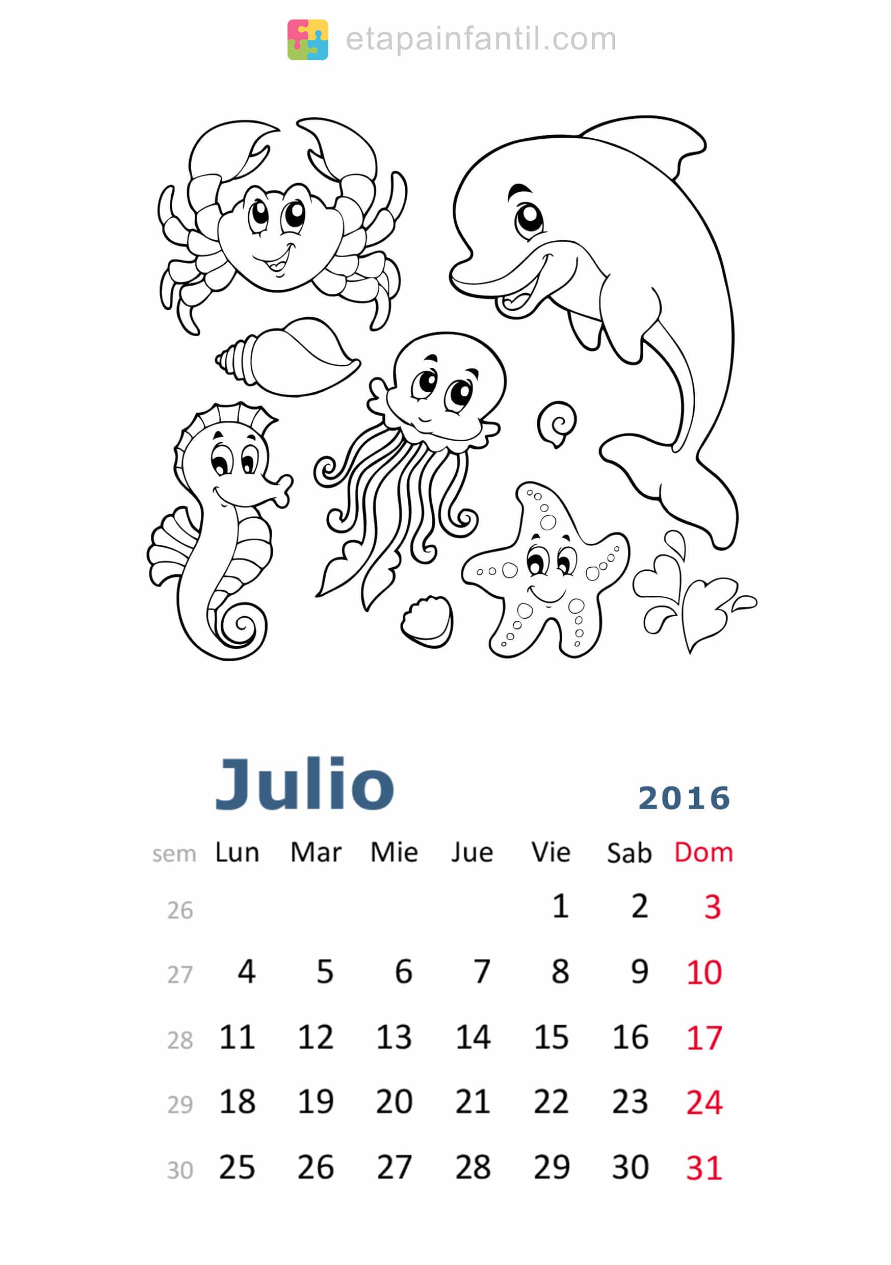 Calendario De 2016 Para Imprimir Y Colorear Etapa Infantil dibujo de calendario para niños