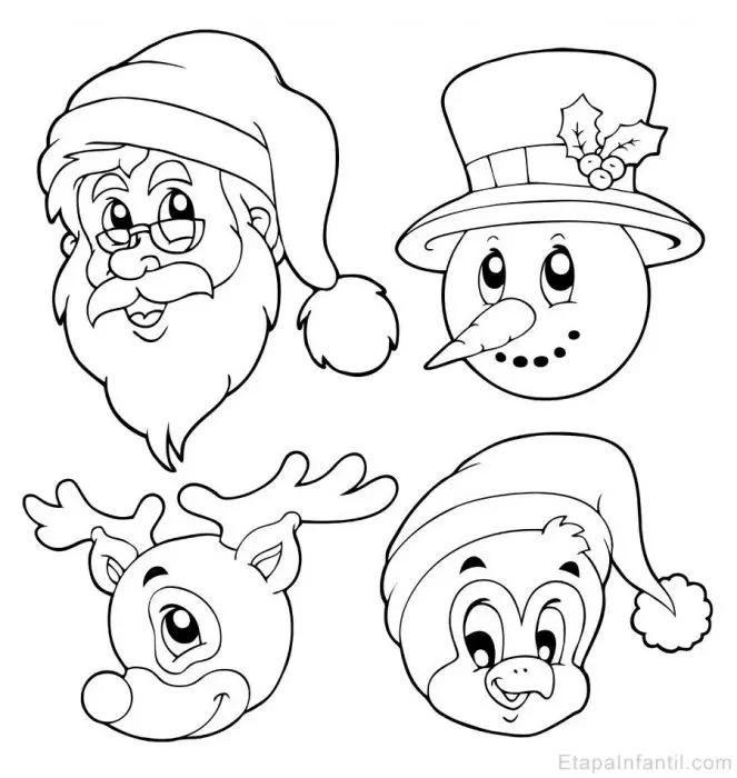 Dibujo de Navidad de Papá Noel, reno, muñeco de nieve y pingüino para colorear