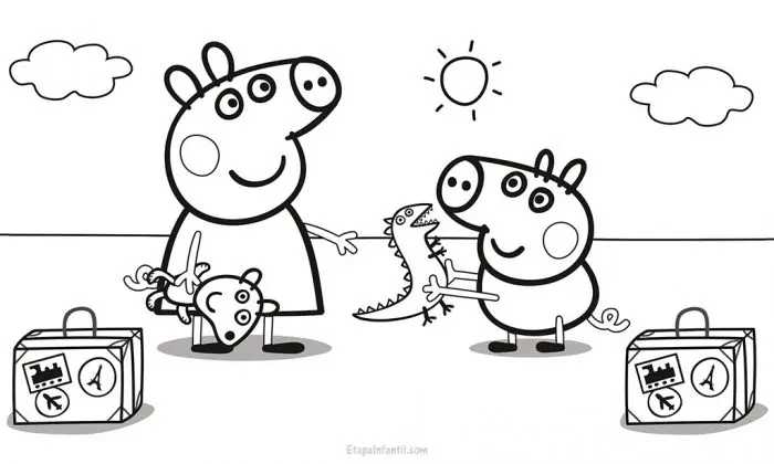 Dibujo Peppa Pig y George de vacaciones para colorear