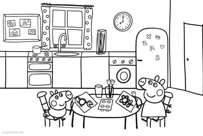 Dibujo Peppa Pig y George dibujando en la cocina para imprimir y colorear