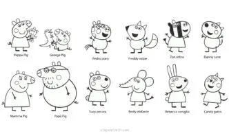 Dibujo Peppa y George Pig, Pedro Pony, Freddy Volpe, Zoe Zebra, Danny Cane, Mamá y Papá Pig, Suzy Pecora, Emily Elefante, Rebecca Coniglio y Candy Gatto para colorear