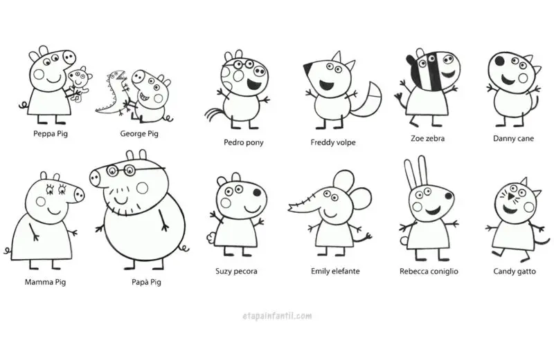 Dibujo Peppa y George Pig, Pedro Pony, Freddy Volpe, Zoe Zebra, Danny Cane, Mamá y Papá Pig, Suzy Pecora, Emily Elefante, Rebecca Coniglio y Candy Gatto para colorear