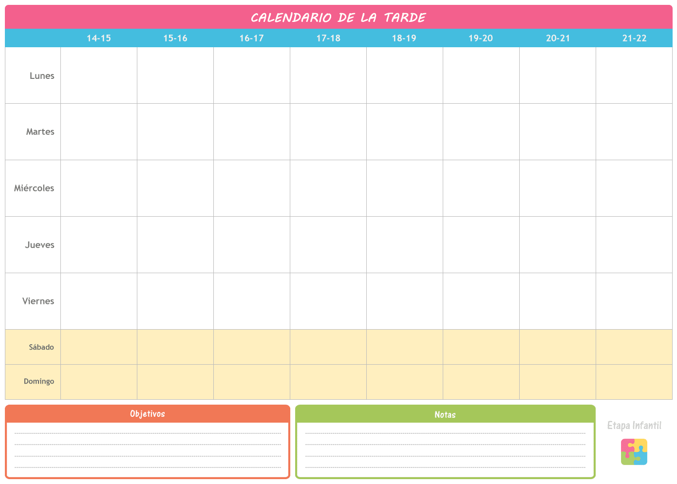 Calendario de la tarde para organizar las de los hijos - Etapa Infantil