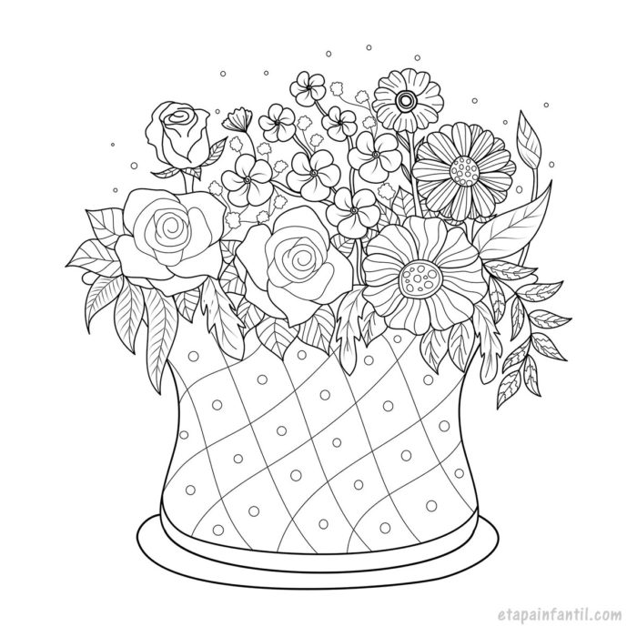 Dibujo de canasta con flores para colorear
