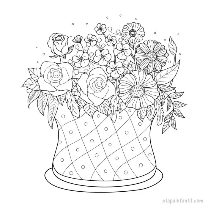 Dibujo de canasta con flores para colorear