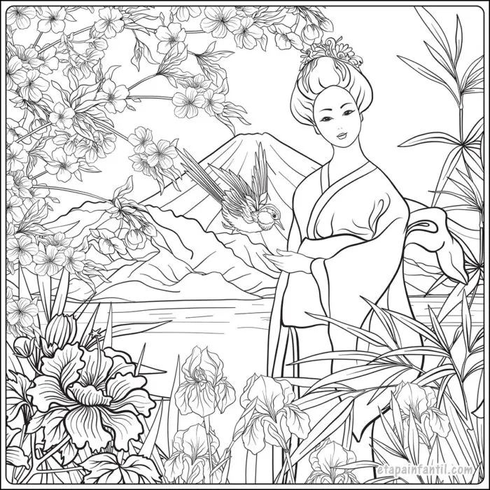 Dibujo de paisaje japonés con flores y mujer japonesa para colorear