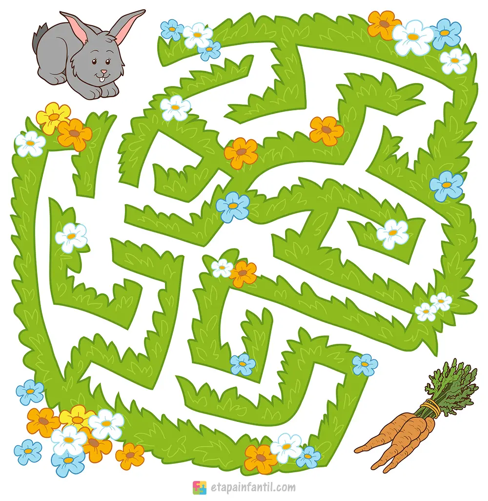 Laberinto para niños para imprimir: Ayuda al conejito a llegar a la zanahoria