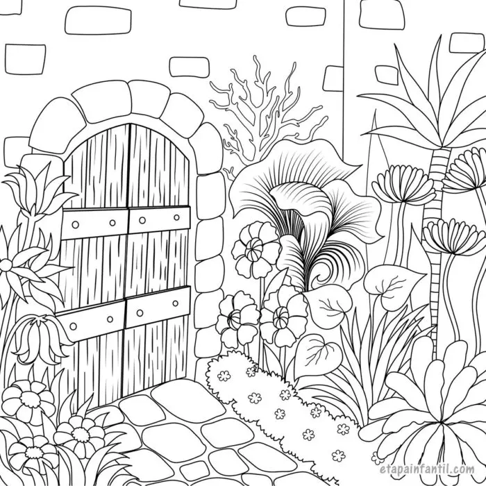 Dibujo de portal y jardín de flores en primavera para colorear
