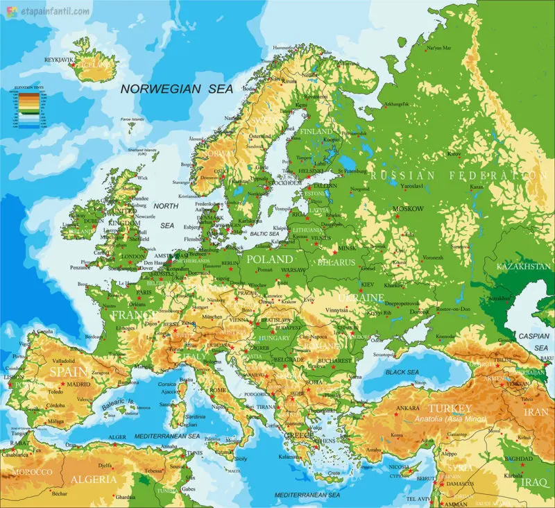 Mapa físico de Europa para imprimir