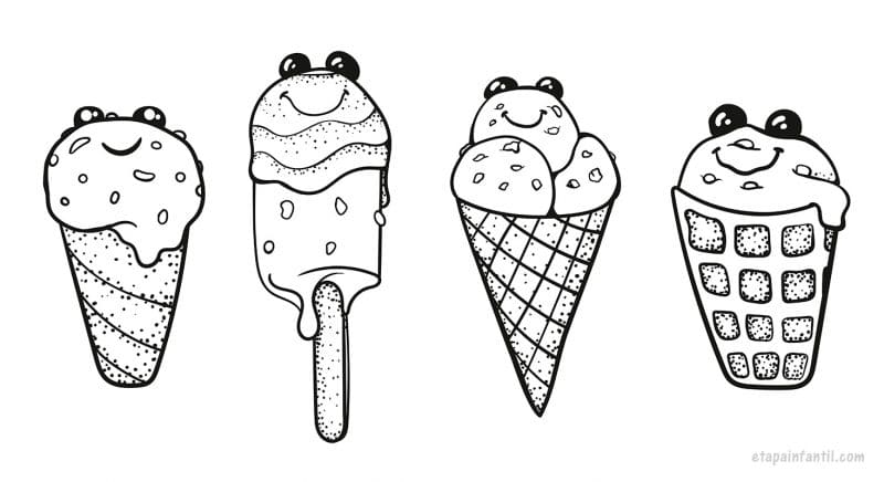 Dibujo kawaii de Helados sonrientes para colorear