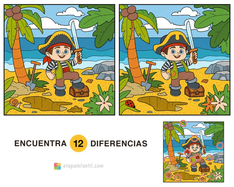 Encuentra las 12 diferencias: Pequeño pirata con tesoro