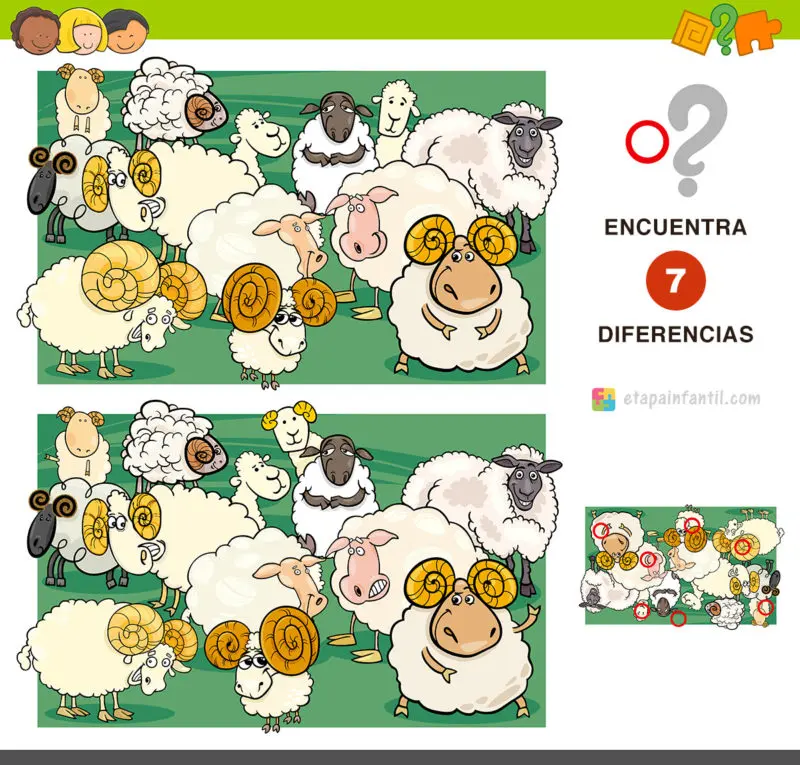 Encuentra 7 diferencias: Grupo de ovejas