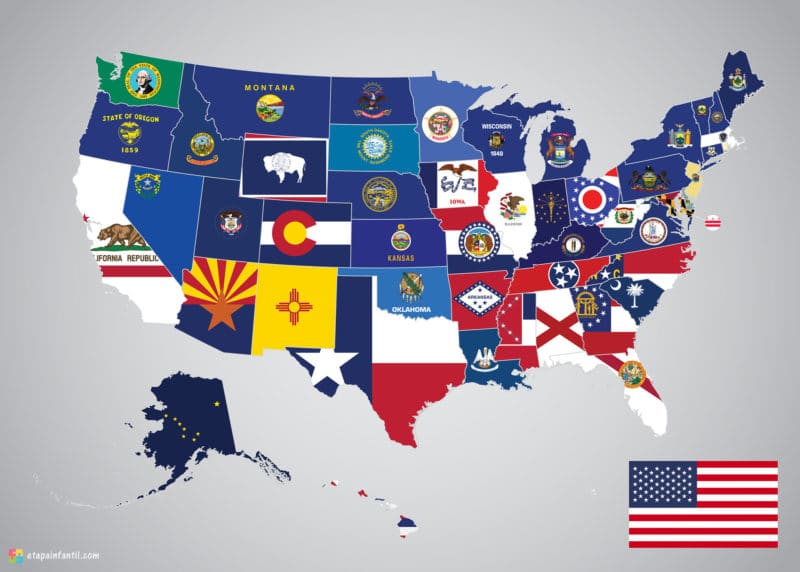 Mapa de banderas de Estados Unidos para imprimir