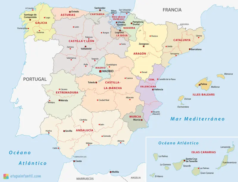 Mapa de las comunidades autónomas y provincias de España