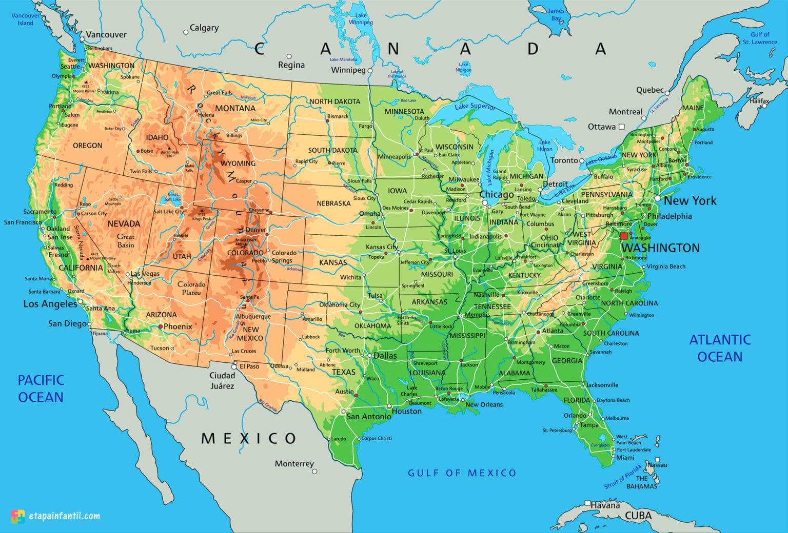 Mapas de Estados Unidos para imprimir Etapa Infantil
