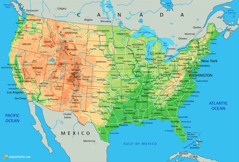 Mapa físico de Estados Unidos para imprimir