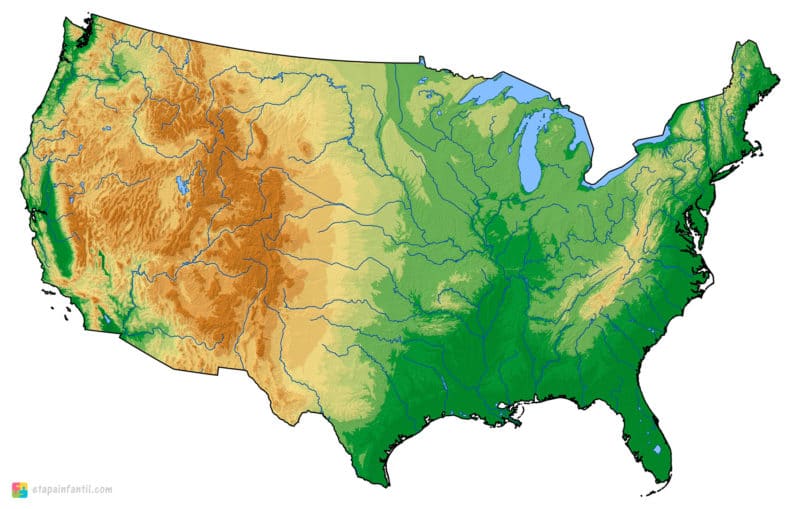 Mapa físico mudo de Estados Unidos para imprimir