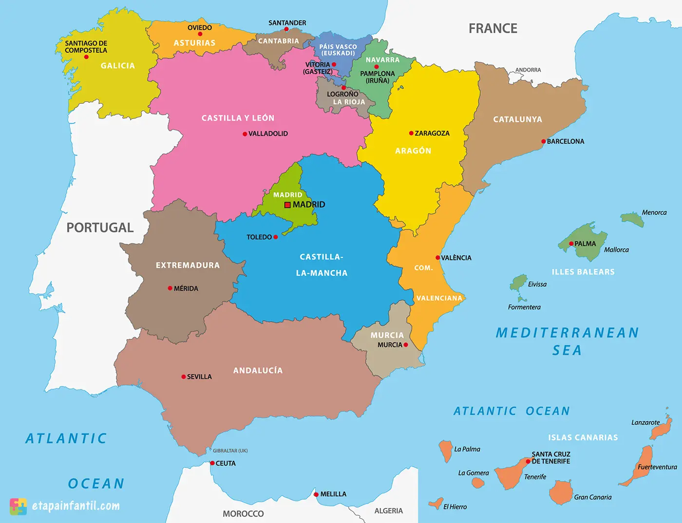 Mapa de España, catalan idioma 