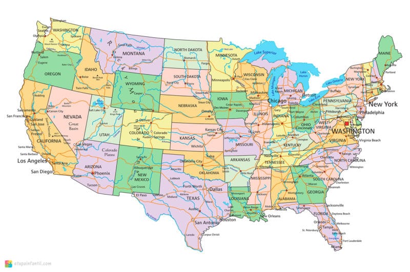 Mapa político de Estados Unidos con nombres para imprimir
