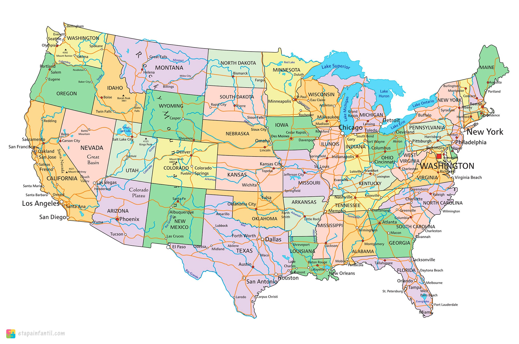 Mapas de Estados Unidos para imprimir - Etapa Infantil