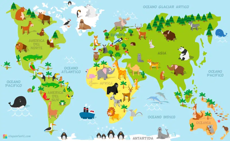 Mapa de los animales representativos de cada continente