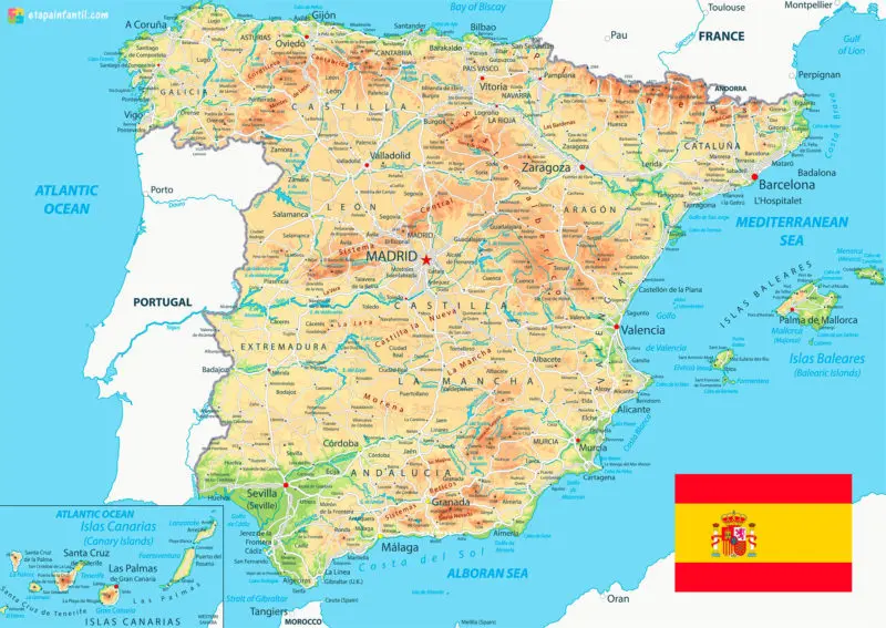 Mapa físico de ríos y afluentes en España