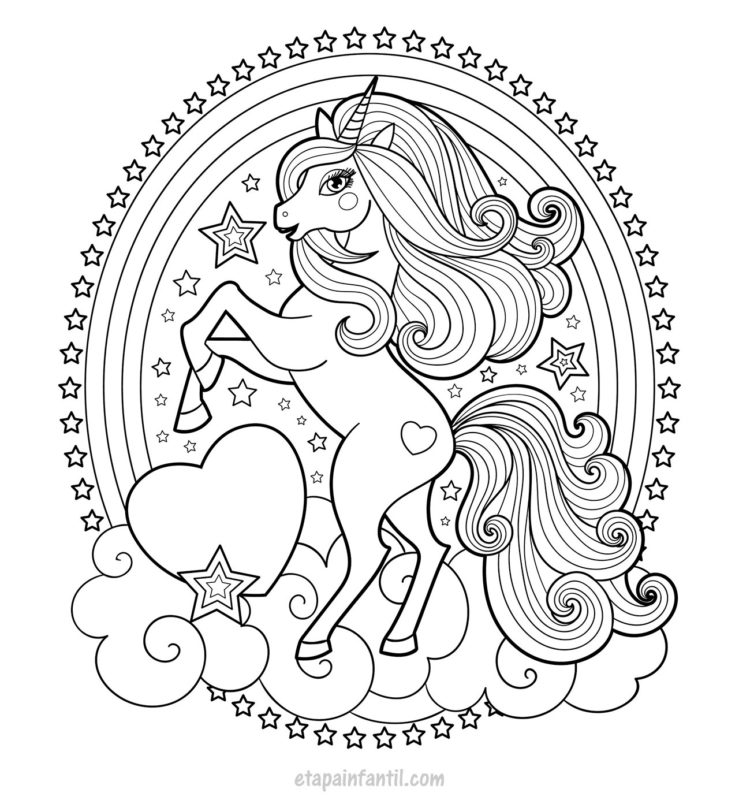 Dibujo de unicornio sobre nubes y estrellas