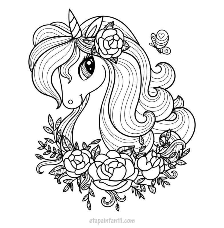 Dibujo para colorear unicornio con rosas