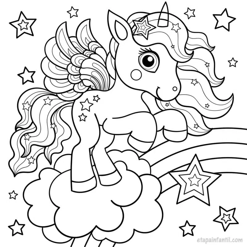 Dibujo de unicornio con alas sobre un arcoíris