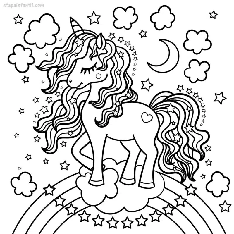 Dibujo de unicornio sobre un arcoíris y un halo de estrellas
