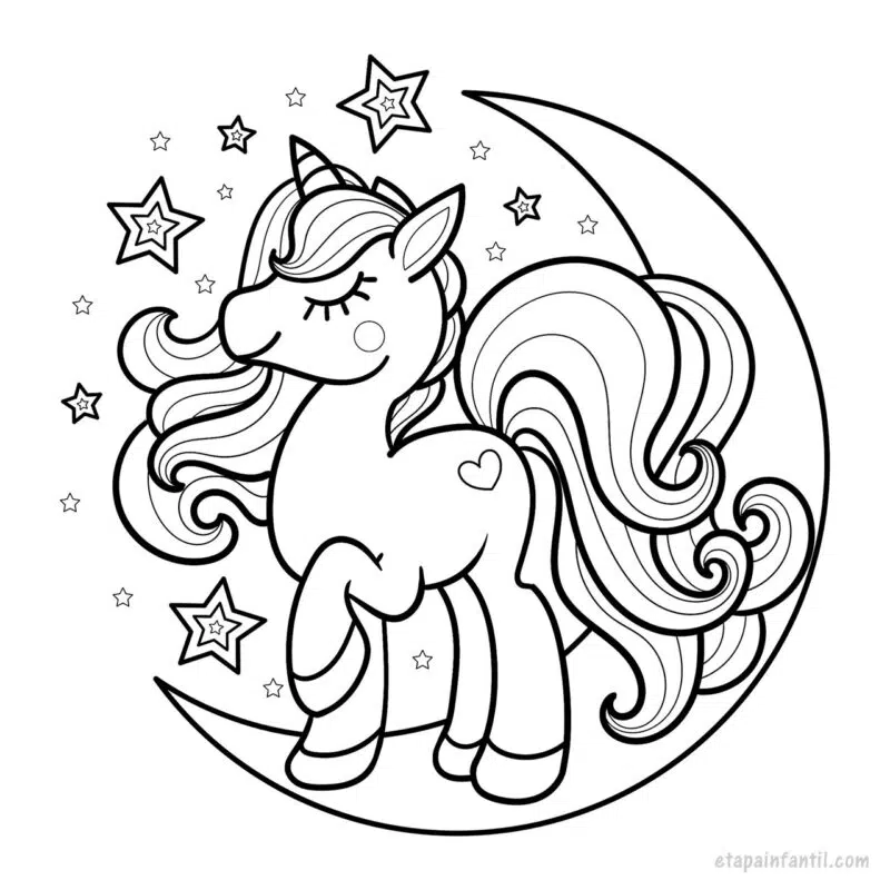 Dibujo de unicornio sobre la luna