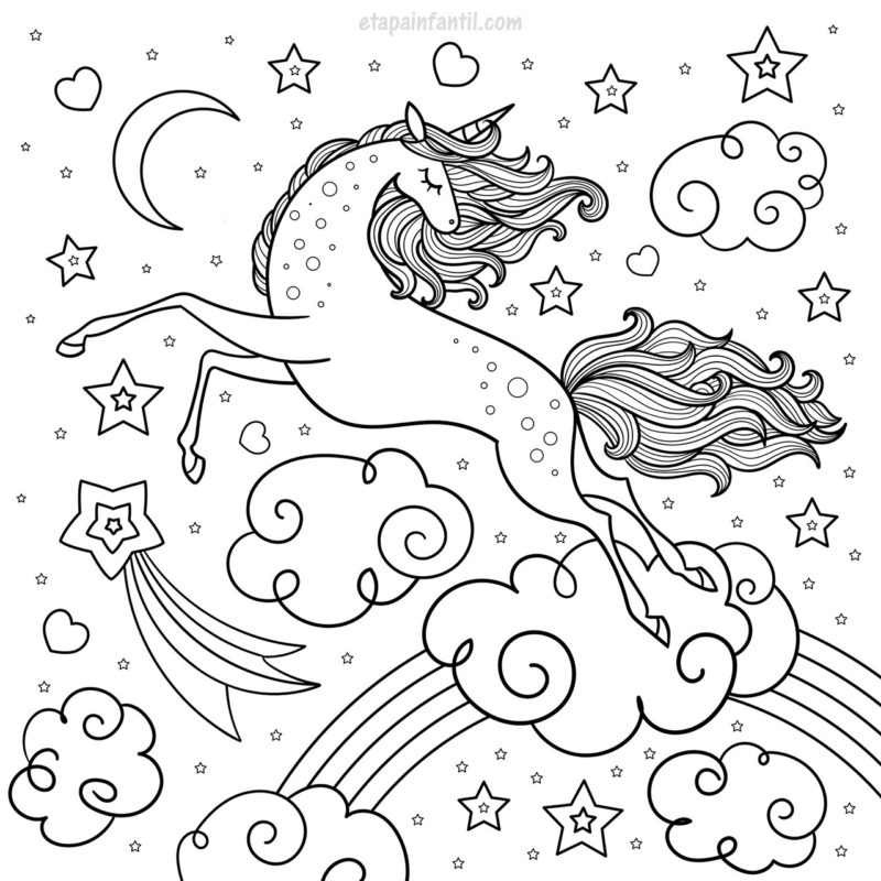 Dibujo para colorear de unicornio volando entre las nubes