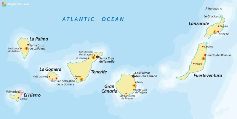 Mapa aeropuertos Islas Canarias para imprimir