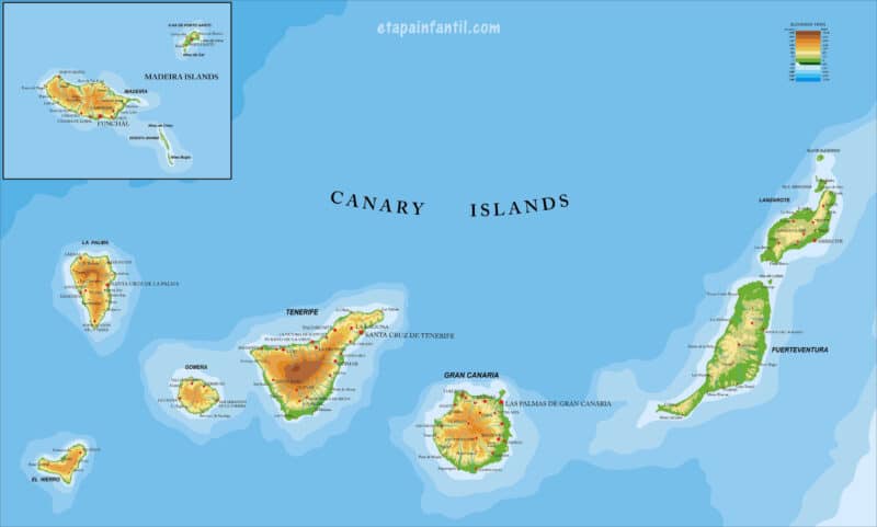 Mapa físico de las Islas Canarias