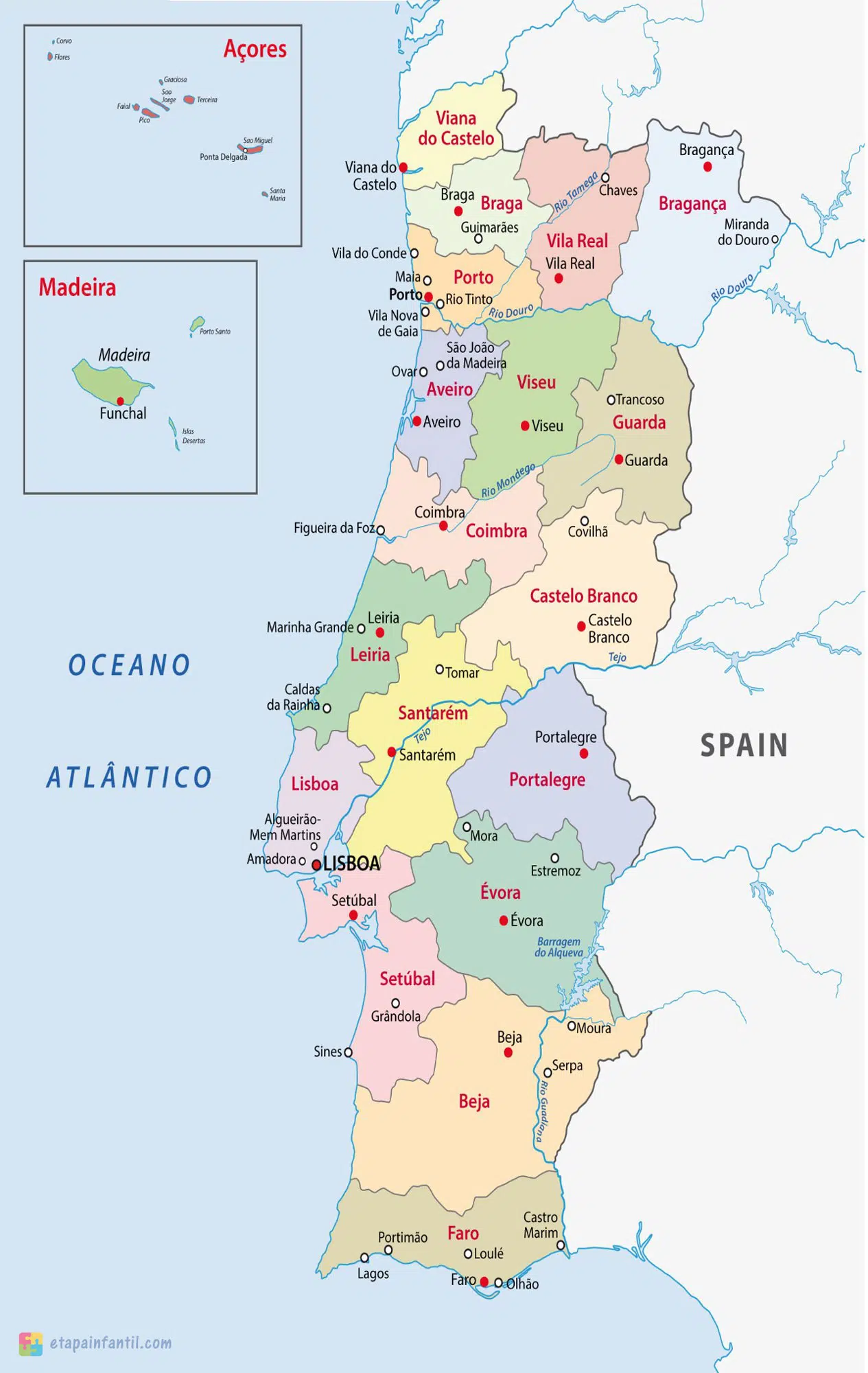 Mapa administrativo de Portugal para imprimir