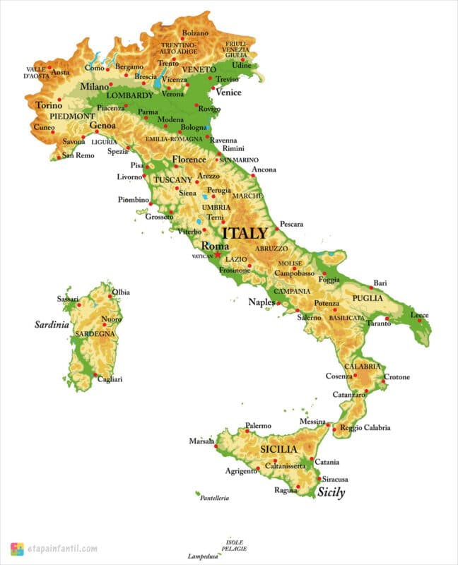Mapa físico de Italia para imprimir