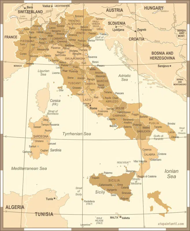 Mapa de fronteras y ciudades de Italia para imprimir